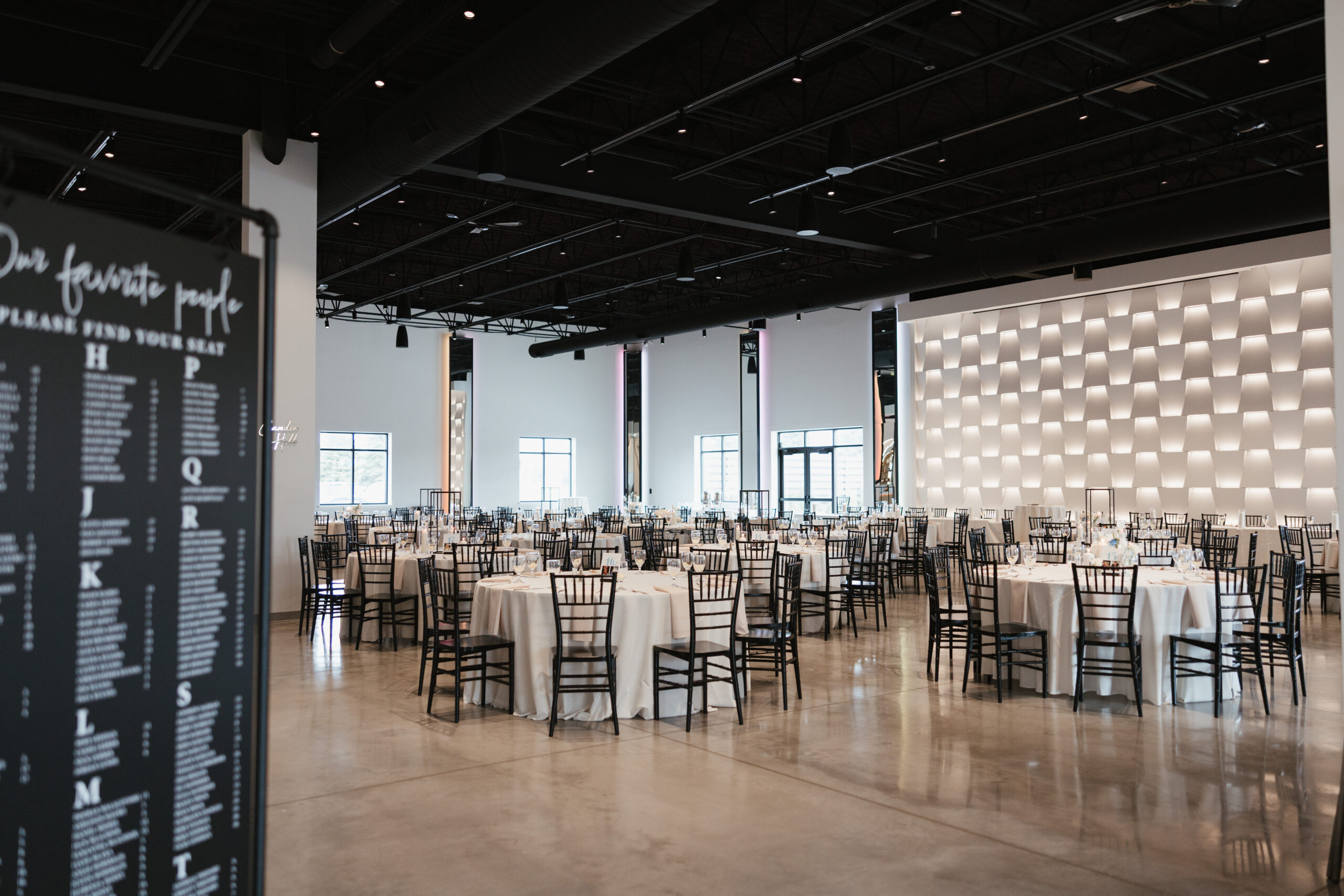 A black and white wedding reception setup at The Valerie