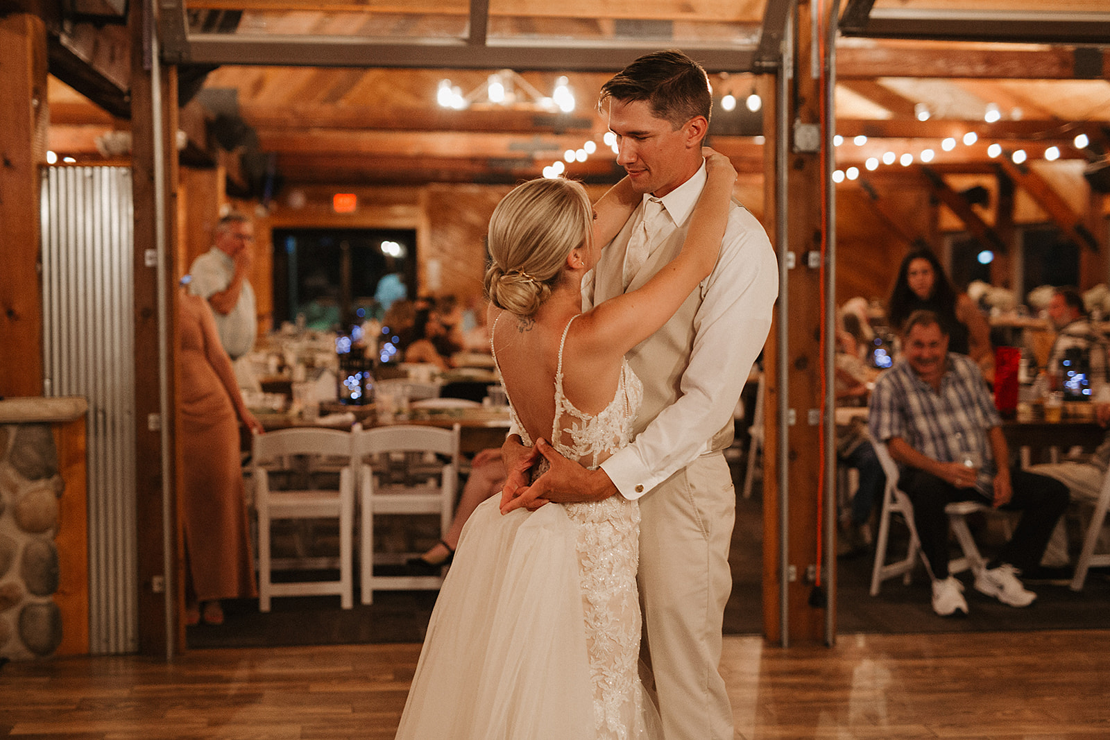 A bride and groom during their first dance