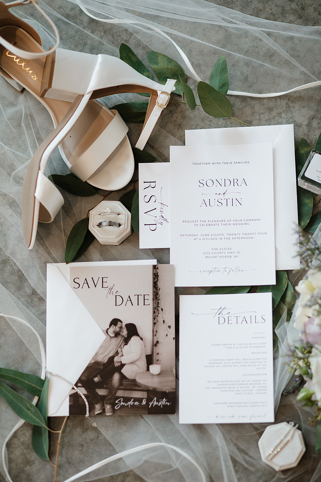 Wedding details in a flat lay from a simple, elegant wedding