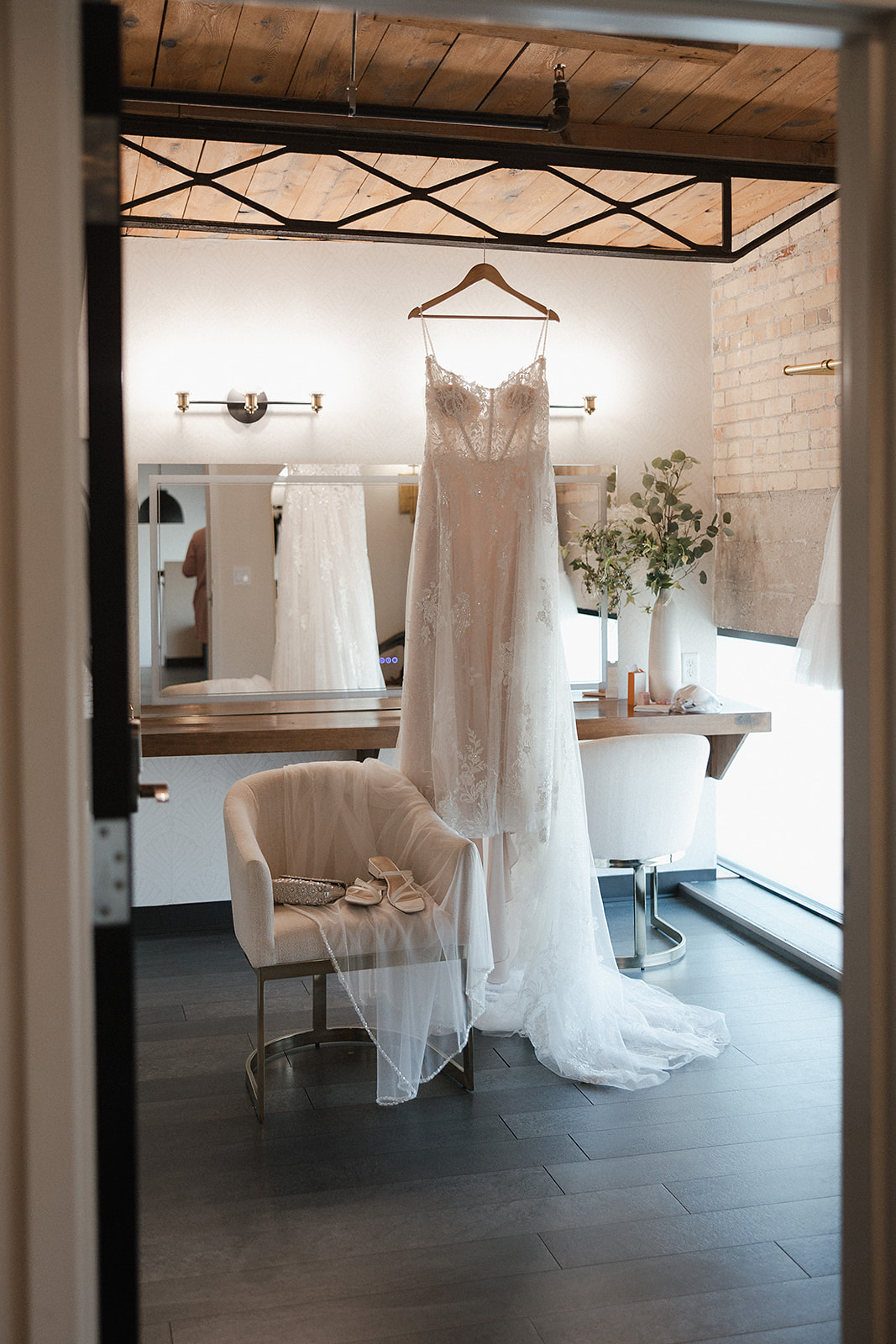 Wedding dress hanging at the Green Bay wedding venue